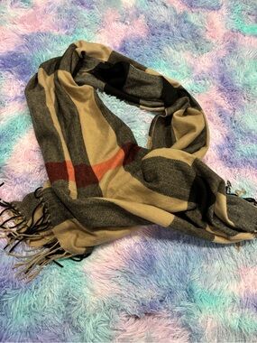 Classic Plaid Fringe Scarf in Camel, Black & Red